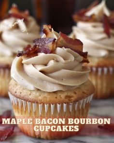 cupcakes with bacon on top and maple bacon bourbon cupcakes in the background