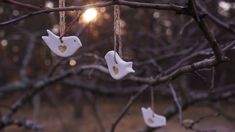 three ceramic birds hanging from a tree branch