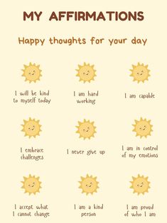 an affirmation poster with the words, happy thoughts for your day and five suns