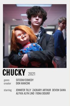 an advertisement for chucky with a doll in his arms