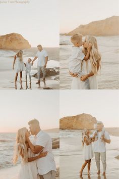 a couple kissing on the beach with their children and family photos taken in front of them