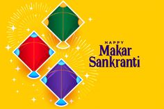 happy makar sanki greeting card with colorful kites and stars on yellow background