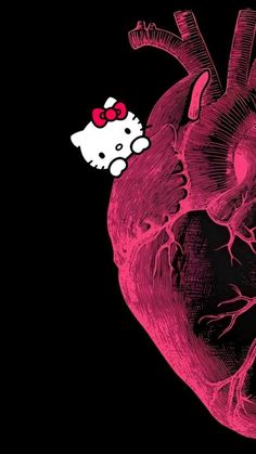 a pink heart with a hello kitty sticker on it's side and a black background