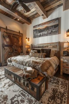 a bedroom with a large bed and wooden furniture