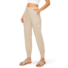 70% Rayon, 30% Linen Feature: Women's linen blended pull-on style pants, elastic waistband with adjustable drawcord tie waist, bottom elastic, front pockets and side cargo pockets, and elastic bottom band. These jogger pants are designed to let you move freely and comfortably. the lightweight fabric is soft and breathable. Lightweight: Stay comfortable with style all day long in these casual linen pants. This comes in a lightweight, breathable material that keeps you fresh and sweat-free in hot Spring Cargo Pants With Paperbag Waist And Pockets, Spring Cargo Pants With Paperbag Waist, Casual Spring Cargo Pants With Paperbag Waist, Casual Cargo Pants With Paperbag Waist, Linen Cargo Pants With Elastic Waistband, Spring Utility Joggers With Elastic Waistband, Spring Tapered Leg Cargo Pants With Drawstring, Elastic Waistband Linen Cargo Pants, Spring Cargo Pants With Drawstring And Tapered Leg