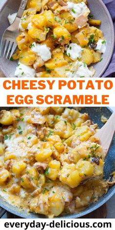 This cheesy potato egg scramble is a great way to use up leftover cooked potatoes and ham. It comes together quickly. Leftover Cheesy Potato Recipes, Baked Potatoes With Eggs, Healthy Egg And Potato Breakfast, How To Make Potato And Egg Breakfast, Egg And Potatoes Breakfast, Breakfast Ideas Potatoes Eggs, Egg Seasoning Scrambled, Leftover Salt Potato Recipes, Potatoes With Eggs Breakfast