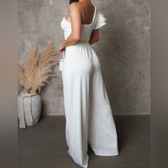 White Jumpsuits Comes With The Gold Belt White Fitted One-shoulder Jumpsuit, White Summer Evening Pantsuit, White Summer Pantsuit For Night Out, White Jumpsuits, Notice Me, Black And White Pants, Black Playsuit, Zara Jumpsuit, Gold Belt