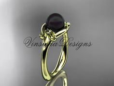 14k yellow gold Fleur de Lis, Round Tahitian Black Cultured Pearl engagement ring VBP10022 - Vinsiena Designs Pearl Engagement Ring, Traditional Engagement Rings, Rose Gold Band, Platinum Engagement Rings, Jewelry Ring Box, White Gold Band, Vintage Engagement, Black Culture, Rose Gold Diamonds