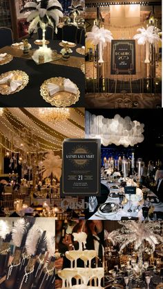 a collage of photos with black and white decorations, feathers, and napkins