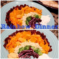 two plates with different types of food on them and the same plate has broccoli, cauliflower, carrots, and rice in it