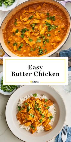 easy butter chicken in a white bowl with rice and cilantro on the side