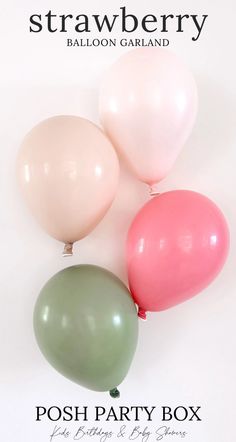 three balloons with the words strawberry balloon garland on them, in front of a white background