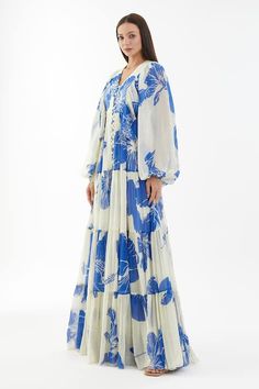 Buy Blue Chiffon Floral V Neck Balloon Sleeve Dress For Women by KoAi Online at Aza Fashions. Potli Button, Floral Print Long Dress, Refined Fashion, Print Long Dress, Floral Print Dress Long, Printed Gowns, Balloon Sleeve Dress, Chiffon Floral, Blue And White Dress