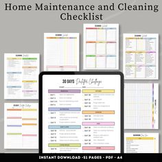 the ultimate printable home maintenance and cleaning checklist is shown on top of a tablet