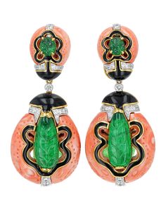 A celebration of color, this bold pair of drop earrings features exquisite green emeralds, totaling approximately 17.50 carats, inset in lustrous coral. Black enameled details create a graphic quality, and glittering white diamonds totaling 1.31 carats add brilliance to the creations. Set in 18K gold and platinum, the earrings exemplify Webb's signature aesthetic. Once described as "today's Fabergé" by the Duchess of Windsor, David Webb drew his inspiration from a multitude of sources, both fore Emerald Style, David Webb, Jeweled Earrings, Coral Jewelry, Diamonds And Gold, Emerald Jewelry, Diamond Fashion, Blue Diamond, Ear Jewelry