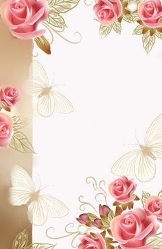 pink roses and butterflies on a white background with a place for the text or image