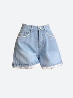 Upgrade your summer wardrobe with these chic wide-leg denim shorts. The lace trim adds a feminine touch, while the high waist design accentuates your figure. Crafted from durable denim, these shorts offer both style and comfort. Ideal for casual outings, they pair perfectly with your favorite tops and accessories. Make a stylish statement with this versatile and trendy piece. Denim material Button & zip fastening Double pockets at front & back Pearl bead detail on pockets Belt loop detail Lace trim at hem High waisted Cotton Trendy Bottoms With Lace Trim, Knee-length Jean Shorts For Summer, Spring Shorts With Lace Trim, High Waist Cotton Bottoms With Lace Trim, High-waist Cotton Bottoms With Lace Trim, Cotton Shorts With Lace Trim, Chic Lace Trim Short Bottoms, Wide Leg Denim Blue Shorts With Frayed Hem, Casual Shorts With Lace Trim