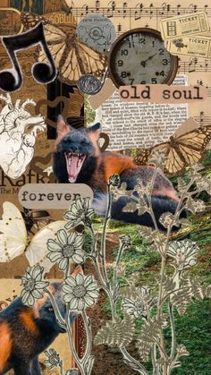 altered collage with images of animals, flowers and music notes in the shape of clocks