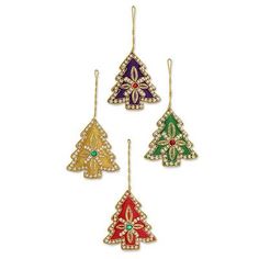 three christmas tree ornaments hanging from gold chains with green, red and blue decorations on each ornament