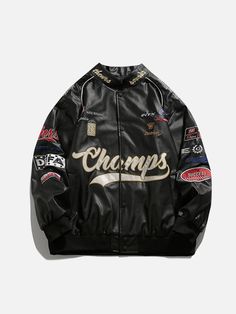 Aelfric Eden Letter-Embroidered Racing Jacket – Aelfric eden Grunge Summer Outfits, Leather Varsity Jackets, Trendy Streetwear, Racing Jacket, Oversize Fashion, Cool Jackets, Mode Inspo