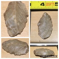 four different pictures of rocks on a wooden table with measuring tape and ruler in the background