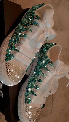 Bling Tennis Shoes Diy, Bling Tennis Shoes, Wedding Tennis Shoes, Teal Converse, Bedazzled Shoes Diy, Glittery Shoes, Bedazzled Shoes, Tie Sneakers, Bling Converse