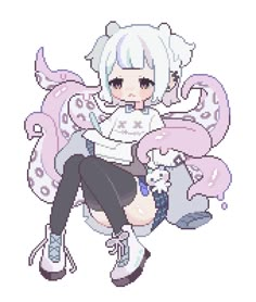 an anime character with white hair and black pants sitting on top of a stuffed animal