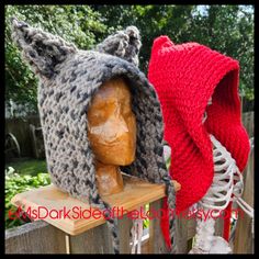 Red Riding Hood And The Big Bad Wolf Is A Set Of Knit Hoods With Braided Ties. Use Them For Costumes Or Wear Them As Functional Outerwear. They'll Add A Bit Of Whimsy And Intrigue. Makes A Great Couple Set Or Keep Both For Yourself. Also, A Great Gift. Red Riding Hood And The Big Bad Wolf Will Keep You Warm And Cozy. The Former Is Knit With Two Strands Of Red Medium Weight Yarn, One Containing A Metallic Thread, And Has A Tapered Front. The Latter Is Knit With A Single Strand Of Super Bulky Yarn Fire Hat Fingering Knit Pattern, Red Ridding Hood, Crochet Hooded Scarf, Wolf Colors, The Big Bad Wolf, Crochet Hood, Couple Set, Medium Weight Yarn, Super Bulky Yarn