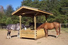 two horses are eating out of a trough