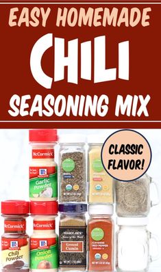 the easy homemade chili seasoning mix is shown in red and white