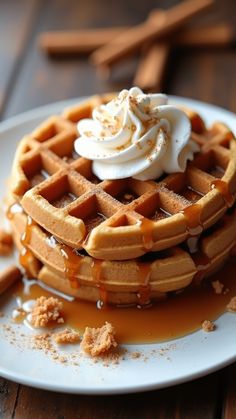 Cinnamon Roll Waffles with Caramel Sauce Fluffiest Cinnamon Rolls, Caramel Waffles, Cinnamon Roll Waffles, Fluffy Waffles, Cinnamon Roll Dough, Pumpkin Pie Spice, Breakfast Treats