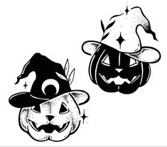 two black and white pumpkins with faces on them, one is wearing a witch's hat