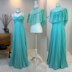 "1970s gown / 70s gown / 1970s Maxi with lace shawl  / 1970s dress / 70s dress / vintage brides maids dress / 1970s fashion This 1970s beauty is just breathtaking. She has a gathered bodice, a pleated skirt, comfortable cut with an empire waistline, and a lace shawls that billows when you walk. The only thing that makes this beauty even better is that she is versatile. cover yo with the lace shawl when you need some modesty, and throw it to the side when your ready to dance. *note this would be 70s Gown, 70s Prom Dress 1970s, 1970s Beauty, 70s Formal Fashion, 70s Prom Dress, 70s Dresses Formal, 70s Dresses Vintage, 70s Formal Dress, 70’s Dresses