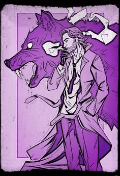 a drawing of a man with a wolf head on his shoulder, in front of a purple background