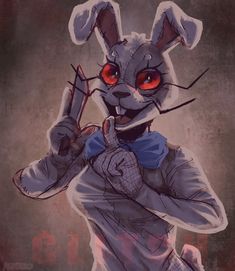 a rabbit with red eyes holding a pair of scissors in his hand and pointing at the camera