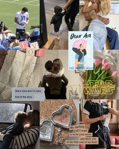 collage of photos with people and words on them, including two women hugging each other