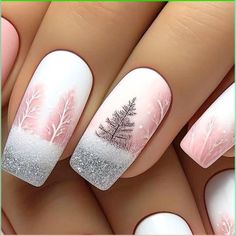 Simple Nail Acrylic Designs, Simple Design Nail Art, Pink Christmas Tree Nails, Real Nails Manicure Ideas, Nail Aesthetic Instagram, Nails Art Winter, Spring Gel Nails Ideas, Christmas Nail Trends, Pink Christmas Nails