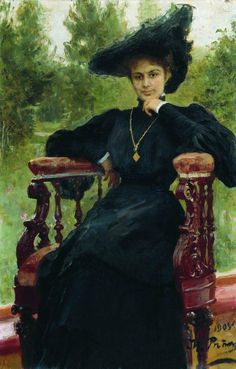 a painting of a woman sitting on a bench wearing a black dress and large hat