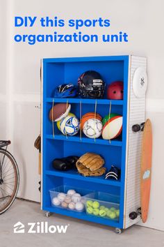 a blue shelf with sports equipment on it