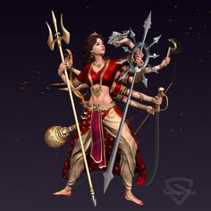 a woman dressed in red and gold holding two swords