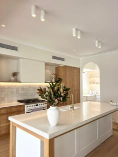 a large kitchen with an island in the middle and lots of counter space on one side