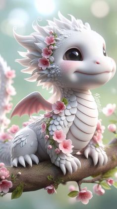 a white dragon with pink flowers on it's head sitting on a tree branch