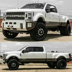 two pictures of the front and rear sides of a white lifted ford f250