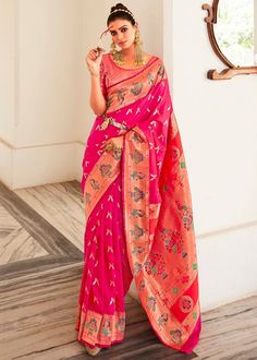 Turn heads in the captivating Hot Pink Paithani Silk Saree, a timeless embodiment of Indian tradition. This exquisite saree is adorned with delicate motifs, exuding an aura of refinement and grandeur. The intricately woven traditional Paithani Border and Pallu add a touch of opulence, lending a regal and ethereal look. Elevate your ethnic wardrobe and experience the joy of draping a saree that celebrates Indian elegance and femininity. Occasion: Wedding Wear, Party Wear, Festive Wear, Engagement Indian Sarees Online, Art Silk Sarees, Wear Saree, Work Sarees, Pink Art, Soft Silk Sarees, Traditional Sarees, Pink Saree, Silk Material