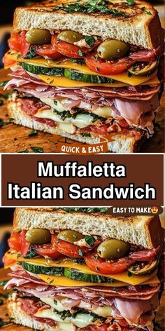 a close up of a sandwich with meat and vegetables on it in front of the words, muffaletta italian sandwich easy to make