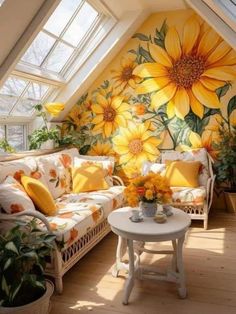 a sunflower painted on the side of a wall next to a couch and coffee table