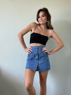 "Adorable vintage denim skirt from the 90s by Jordache with a buttoned front along with two pockets. Great staple piece! In good vintage condition. Measurements taken while item is laid flat. Measurements: waist: 26\" hips: 37\" length: 15\" Tag size: No tag size Fabric: No fabric details Model is 5'6 with a waist 26\" and hips 36\" Please measure BOTH your waist and hips before purchasing" Vintage High Waisted Shorts, High Waisted Jeans Vintage, Vintage Denim Skirt, Vintage Bathing Suits, High Waisted Denim Skirt, Womens Skirts, Girls Summer Outfits, Jacket Pattern, Fabric Details