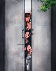 four women peeking out from behind an open door