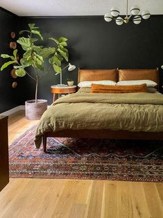 a large bed sitting on top of a wooden floor next to a potted plant