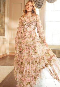 English Rose Diamond Ruffle Gown – Pink | Needle & Thread Traditional Rose, Rose Diamond, Traditional Roses, Sky Pink, Ruffle Gown, Dramatic Style, Ballerina Dress, Painted Artwork, Short Gowns